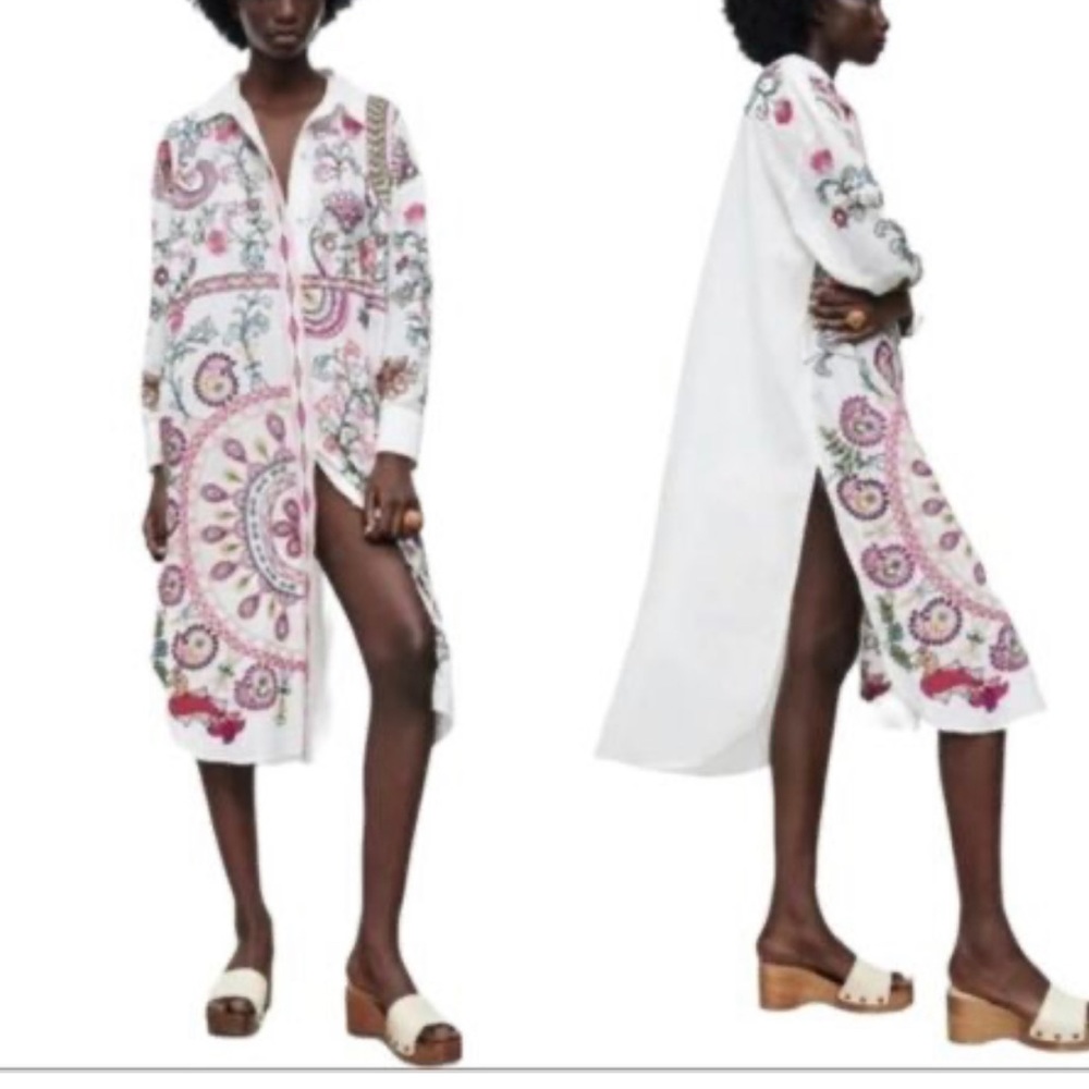- Zara Button Up Peacock Embroidered Tunic Blouse Blogger Favorite